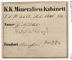 Etiketten zu Calcit (Hemimorphit?) (NHMW-MIN-Am884)